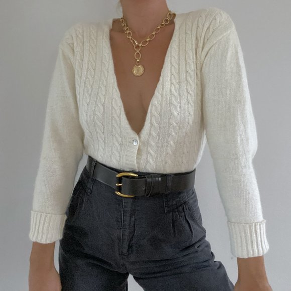 Vintage Sweaters - Vintage White Angora Cable Knit Cardigan Sweater